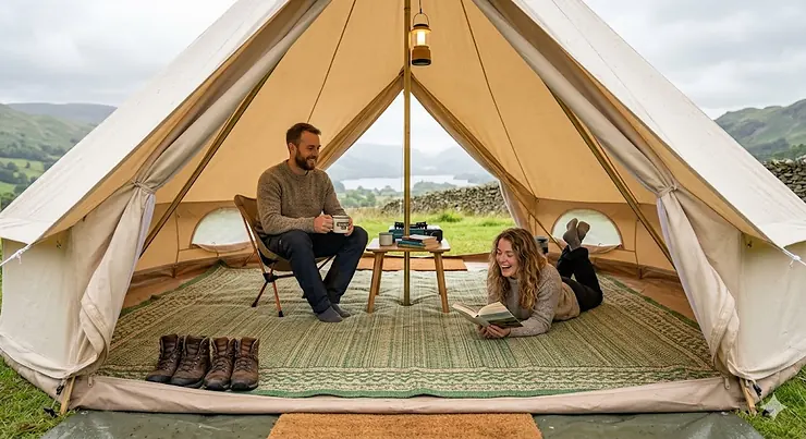 A luxury glamping tent interior featuring the best tent carpet for comfort, laid over a groundsheet with camping furniture and a view of the British countryside. best tent carpet