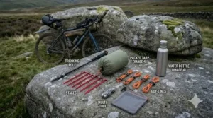 A photorealistic 4K wide-angle photograph of a field-lay kit contents display on a gritstone boulder, including a packed tarp, trekking pole, red stakes, and orange guy-lines.