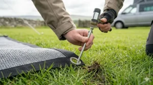 A close-up view showing a hand using a camping mallet to drive a metal peg through a heavy-duty eyelet on the specific grey breathable tent carpet weave, securing it to the grassy ground on a UK campsite.