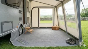 A clean breathable carpet fitted inside a caravan awning at a UK holiday park.