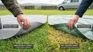 A photorealistic split-view comparison on a UK campsite showing a hand lifting a grey breathable carpet revealing fresh green grass, versus a solid green PVC ground sheet revealing yellowed grass.