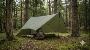 A waterproof camping tarp configured in a classic A-frame style over a bivvy bag in a woodland setting.