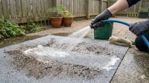 A close-up, photorealistic view of a person using a garden hose and a soft-bristled brush to clean mud from a grey breathable camping carpet, which is spread out on a concrete path on a cloudy afternoon.