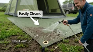 Illustration showing how a heavy duty tarp for tent protection is easily cleaned after use on muddy UK pitches.