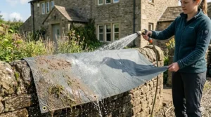 A camper using a garden hose to easily wash mud and grass off a waterproof tarp alternative after a rainy weekend at a UK festival.