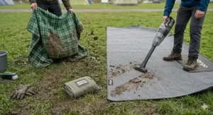 Alt text for image 6: A camper shaking out a muddy universal rug while another uses a cordless vacuum on a fitted carpet during a typical UK camping trip.