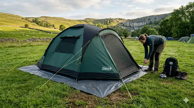 A high-quality Coleman blackout tent pitched on a durable heavy-duty groundsheet protector in a lush green British campsite. Coleman tent footprint alternative
