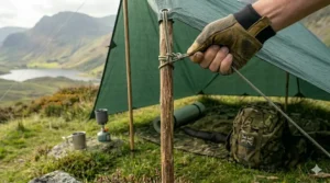 A green camping tarp pitched as a lean-to shelter on a grassy ridge with a portable camping stove and stainless steel mug in the foreground.