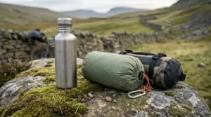 A photorealistic 4K image showing a sage-green compact bikepacking tarp packed into its tiny stuff sack, positioned next to a standard 750ml cycling water bottle for scale.