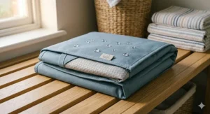 The waterproof bath groundsheet folded neatly on a wooden bench, showing its compact size for storage in an airing cupboard.