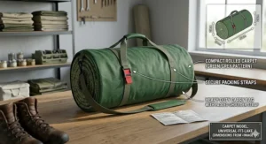 A compact rolled tent carpet secured with straps and stored in a heavy-duty carry bag with a padded shoulder strap for easy transport.