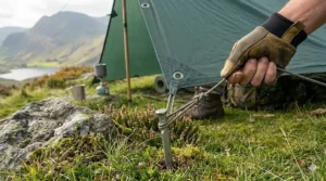 Close-up of a hand in a protective glove securing a metal tent peg into the ground to anchor a camping tarp for stability.