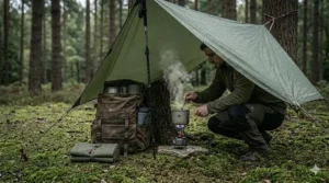 A safe setup of a camping stove being used under a high-pitched tarp shelter to stay dry while making tea.