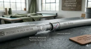 Technical illustration showing the protective anodisation layer on a tent pole that prevents corrosion from moisture.