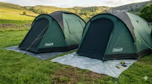 A side-by-side comparison showing a standard Coleman tent footprint next to a custom-cut heavy-duty polythene sheet used as a cost-effective alternative.