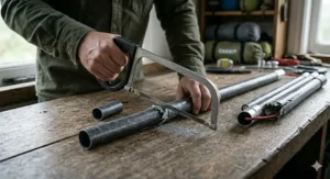A person using a fine-toothed hacksaw to cut a replacement fibreglass tent pole section to the correct size on a rustic wooden workbench.