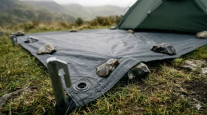 Technical diagram showing a thick tent footprint protecting a sewn-in groundsheet from sharp flint and gravel.