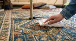 A damp cloth wiping mud off a durable, lightweight tent carpet, demonstrating easy maintenance during a messy festival weekend.