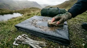 A muddy tent footprint being wiped down, demonstrating how it keeps the main tent clean during a wet pack-down.