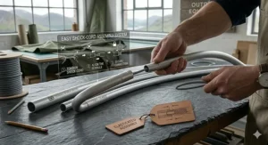 A close-up of a technician assembling elasticated aluminium pole sections with an integrated shock-cord guide.