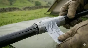 An emergency temporary fix using a metal repair sleeve over a snapped pole section secured with duct tape.