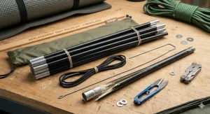 Universal fibreglass replacement tent poles kit with elastic shock cord and ferrules for easy repairs.