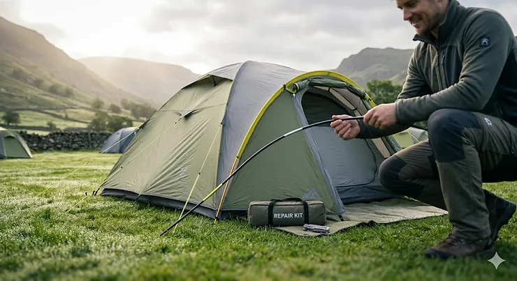 A close-up photograph of a camper inspecting a newly replaced fibreglass tent pole on a green dome tent pitched in a scenic British landscape. fibreglass tent pole replacement