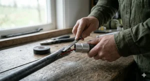 A close-up showing a metal file being used to smooth the rough cut edge of a fibreglass pole section to ensure a clean fit into the steel ferrule.