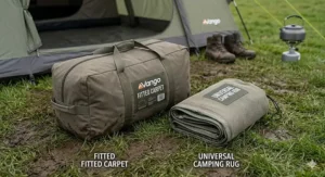 Alt text for image 5: Comparison of storage bags on grass: a large, heavy-duty bag for a fitted carpet next to a compact, lightweight universal camping rug.