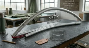 A diagram demonstrating the controlled flexibility and wind load absorption of a curved aluminium tent pole arc.
