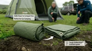 A folded heavy duty tarp for tent protection inside a compact carry bag for easy transport to British campsites.