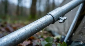 Close-up of a galvanised steel tent pole showing the rust-resistant coating designed for the damp UK climate.
