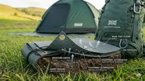 A cutaway illustration showing how a footprint alternative prevents rising damp and condensation from reaching the underside of the main tent bedroom.