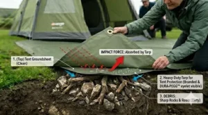 Technical illustration showing a heavy duty tarp absorbing impact force to protect a tent floor from jagged rocks and roots.