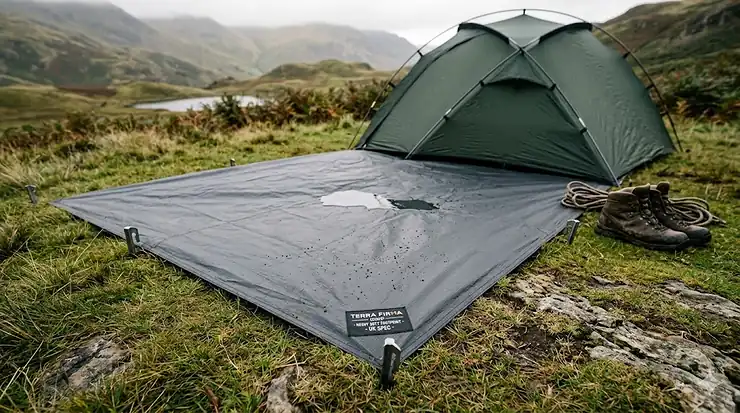 A heavy duty tent footprint laid out on grass in the Lake District, protecting the tent underside from moisture and sharp stones. heavy duty tent footprint