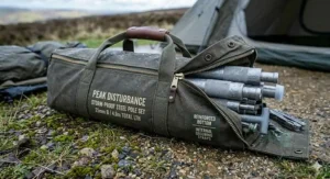 A reinforced canvas carry bag containing a full set of steel tent poles for easy transport to UK campsites.