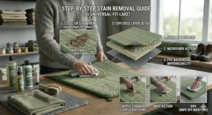 A step-by-step guide showing how to clean a tent carpet, including applying a gentle cleaner and wiping away mud stains from the fleece.