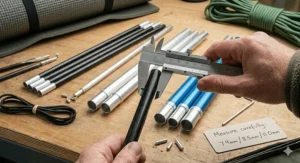 A person measuring the diameter of a tent pole in millimetres to find the correct size replacement tent poles.