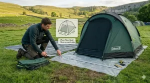 A diagram illustrating how to measure a tent floor and subtract 5cm from each side to ensure an alternative footprint doesn't collect rainwater.