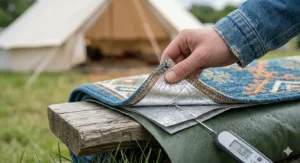 A cross-section diagram showing the soft top layer and insulating middle layer of a lightweight tent carpet designed for comfort on cold nights.