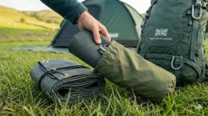 A compact, neatly folded DIY footprint alternative placed next to a camping rucksack to demonstrate its space-saving benefits for British backpackers.