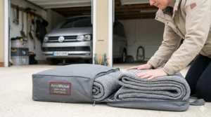 A close-up view showing a person's hands neatly folding the specific grey breathable tent carpet weave and compressing it into its matching grey carry bag, placed on the floor of a clean double garage at a residential UK home.
