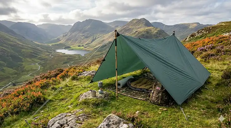 A high-quality waterproof green tarp pitched as an A-frame wild camping shelter overlooking a misty British valley and loch. tarp for camping