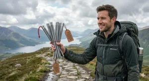 A hiker holding a bundle of lightweight 7001-T6 aluminium poles overlooking a scenic lake in the UK Lake District.