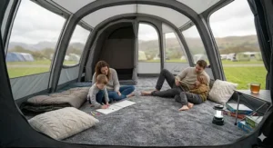 Alt text for image 7: A British family relaxing comfortably on a soft, wall-to-wall fitted carpet inside a modern tunnel tent with a view of the hills.