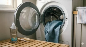 A blue waterproof groundsheet being placed into a front-loading washing machine to demonstrate it is easy to clean.
