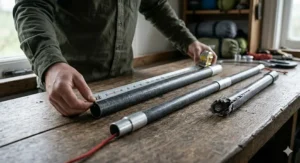 A person using a steel tape measure to accurately check the length of a new fibreglass pole section against an old damaged piece on a workshop bench.