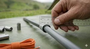 A hand measuring the diameter of a tent pole in millimetres to ensure the correct repair kit size.