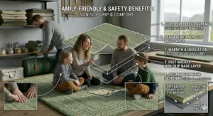 A family sitting on a non-slip tent carpet playing a board game, illustrating the safety benefits of the slip-resistant base layer.