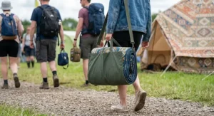 A person carrying a folded, lightweight tent carpet in a compact carry bag with a shoulder strap, ideal for walking to festival campsites.